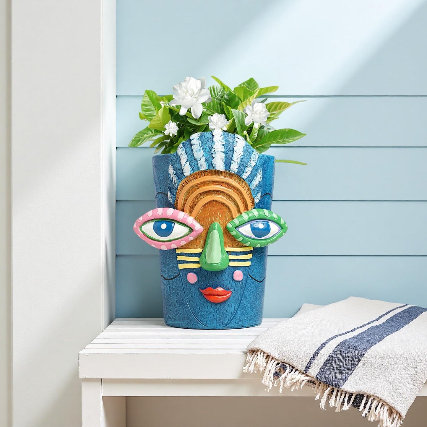Yhupl Picasso Abstract Face Flower Pot,Plant Pot with Facial Expressions,Handmade Resin Plant Pot with Drainage Holes,for Indoor and Outdoor Botanical Home décor (Blue Small)