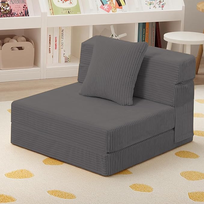 MeMoreCool Kids Folding Sofa Chair – Corduroy Floor Futon, Tri-Fold Mattress