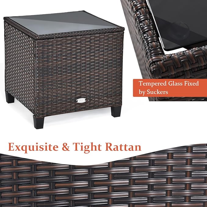 COSTWAY 3PCS Patio Furniture Set, PE Rattan Wicker Sofa w/Washable Cushion and