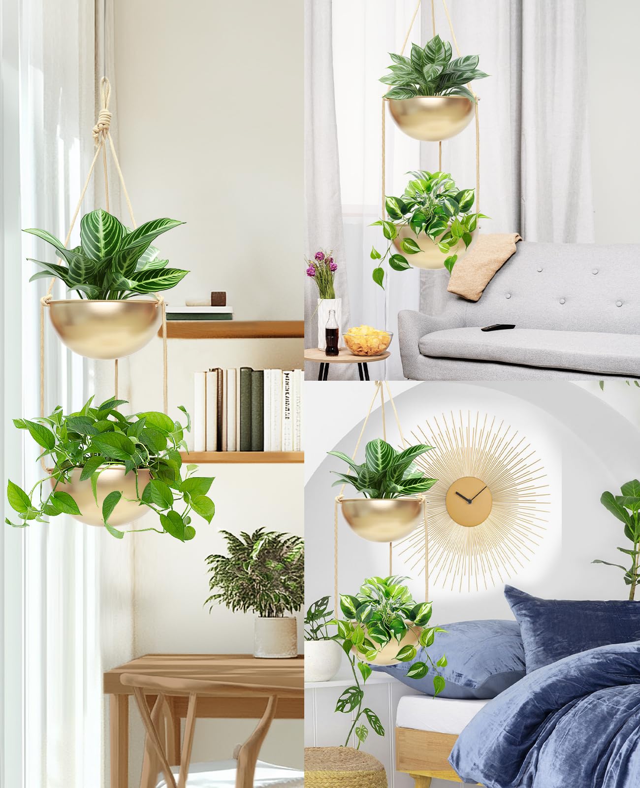 AceList 2 Pack Gold Hanging Planter for Indoor Plants - 9.8 Inch Boho Metal Plant Hanger Indoor with Hooks, Window Hanging Planters for Balcony and Ceiling