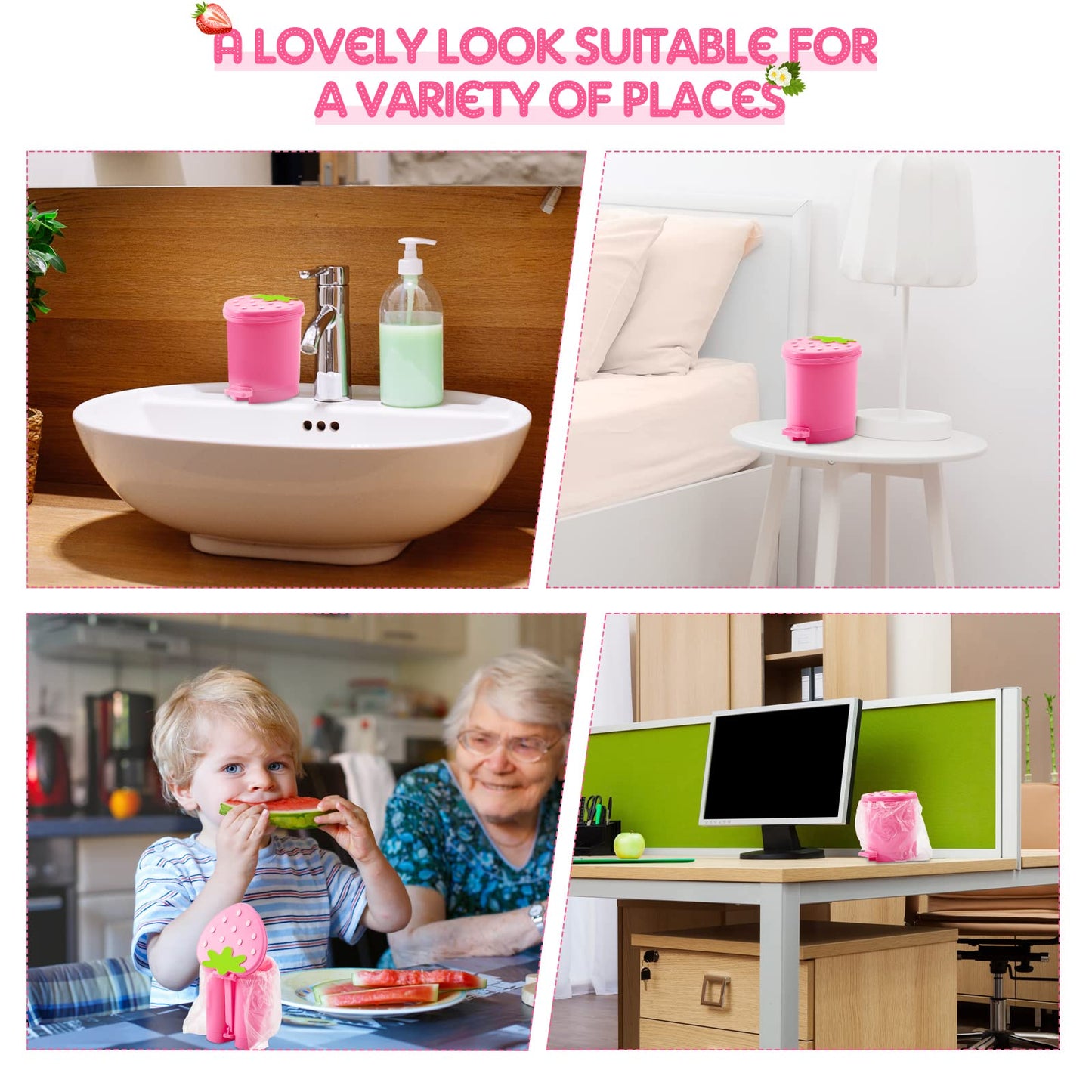 3 Pcs Strawberry Trash Can with 100 Pieces of Trash Bags 4 x 3.5 inch Cute Mini Pop up Trash Can Pink Desktop Garbage Can Strawberry Countertop Wastebasket for Desk Bathroom Bedroom Kitchen Office