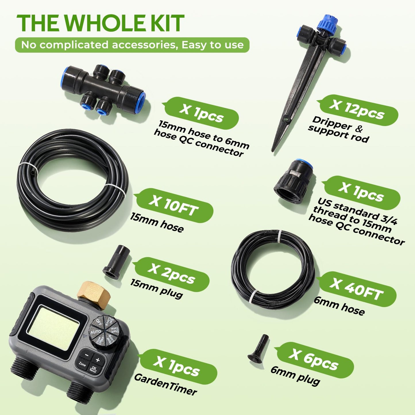 HIRALIY 50FT Drip Irrigation Kit with Garden Water Timer-2 Zone, Automatic Garden Watering System for Raised Bed, Quick Connect Design, Irrigation System for Plant Patio
