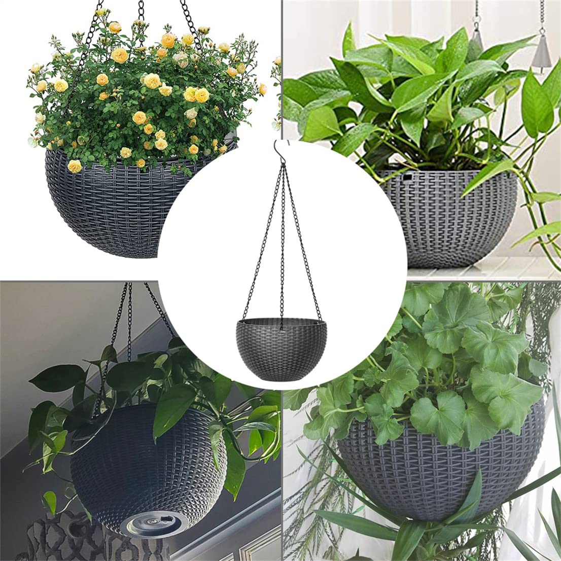 Hanging Planter, Plastic Flower Pot Plant Holder with Chain Indoor Outdoor Plants Pot Container Baskets, 8.7 inches Gray