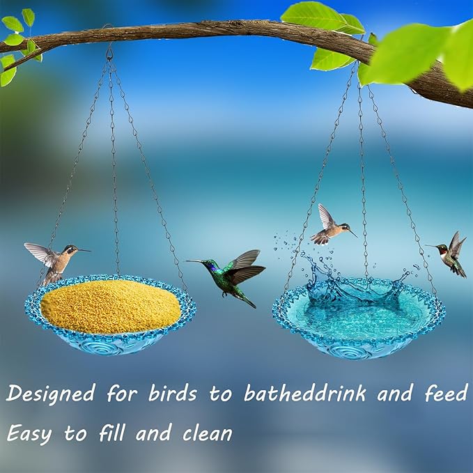 2 Pack Hanging Bird Bath for Outdoors, Multi-Functional Bird Feeder & Water Station, Plastic Bird Bath Bowl with Chain Hook for Garden Yard Patio