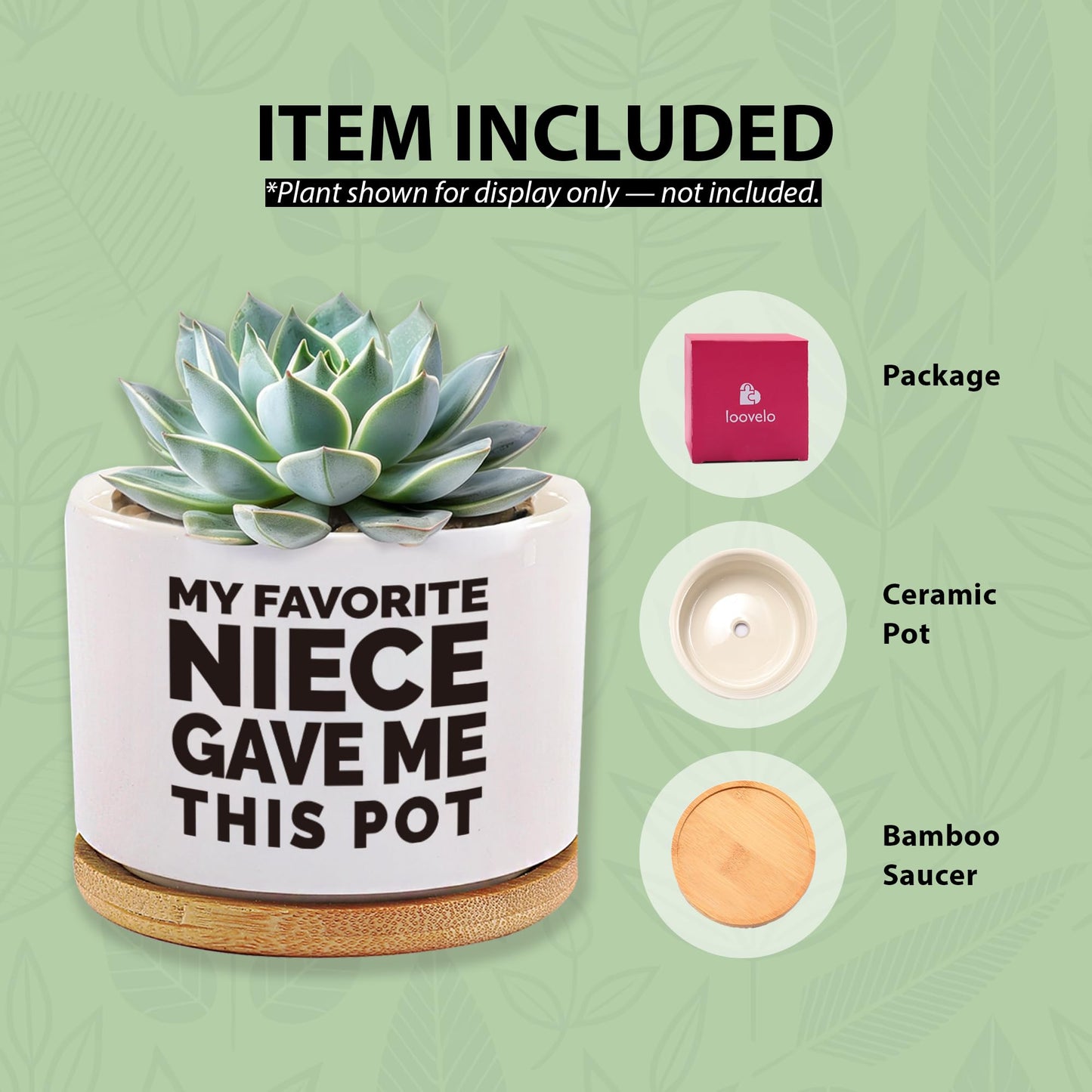 Loovelo My Favorite Niece Gave Me This Pot Succulent Plant Pot with Bamboo Tray Aunts Auntie Uncle Gifts Mother's Father's Day TIO Tia Home Office Decor Plant Lover 3.5 Inch White (No Plants)