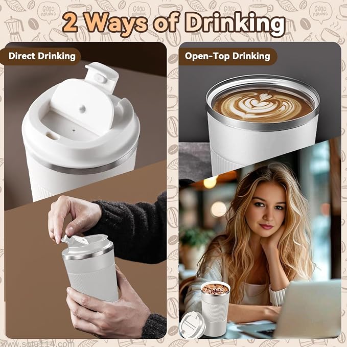 12OZ Travel Coffee Mug Insulated Coffee Cup with Spill Leak Proof Lid, Portable Stainless Steel Tumbler Reusable Hot and Cold Water Mug for Car, Daily, Camping- White