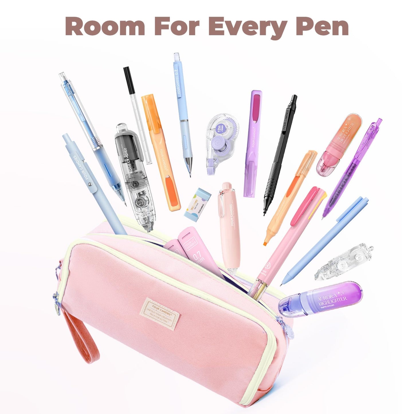 Four Candies Pink Pencil Case 3 Compartment, Large Pencil Pouch with Removable Handle & Zipper, Cute Stationery Organizer Big Pencil Case for Markers, Pencil Bag for Office College, Pink