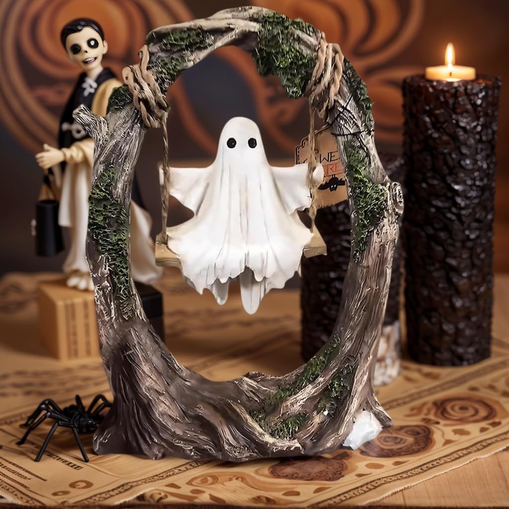 AZYM Ghost Halloween Decor,Ghost on a Tree Swing,Cute Funny Swinging Ghost Halloween Figurine Decoration,for Indoor Desktop Bookshelf Outdoor Garden Patio Lawn Decor
