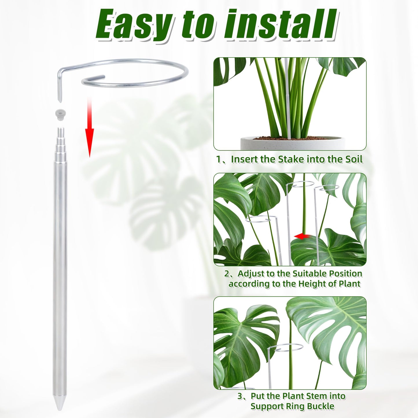 5 Pack Extendable Metal Plant Stakes, 7IN to 24.5IN Adjustable Monstera Plant Supports with Cable Tie Indoor Outdoor Plant Holder Sticks for Monstera Orchids Tomatoes Vines