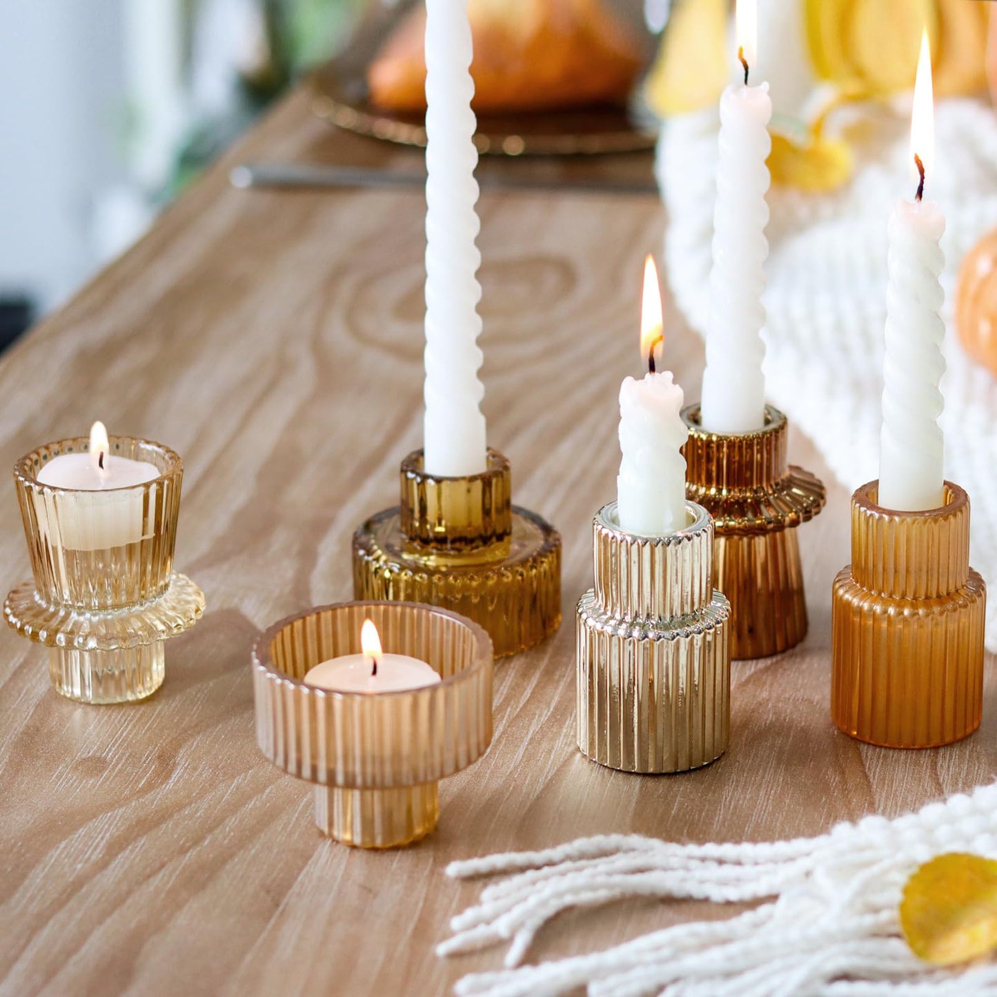 SYFURNIX Gold Candlestick Holders 12PCS Ribbed Glass Taper Candle Holders Set for Tealight Candlestick Candles, Table Centerpieces for Thanksgiving Christmas Farmhouse Decor Indoor and Outdoor