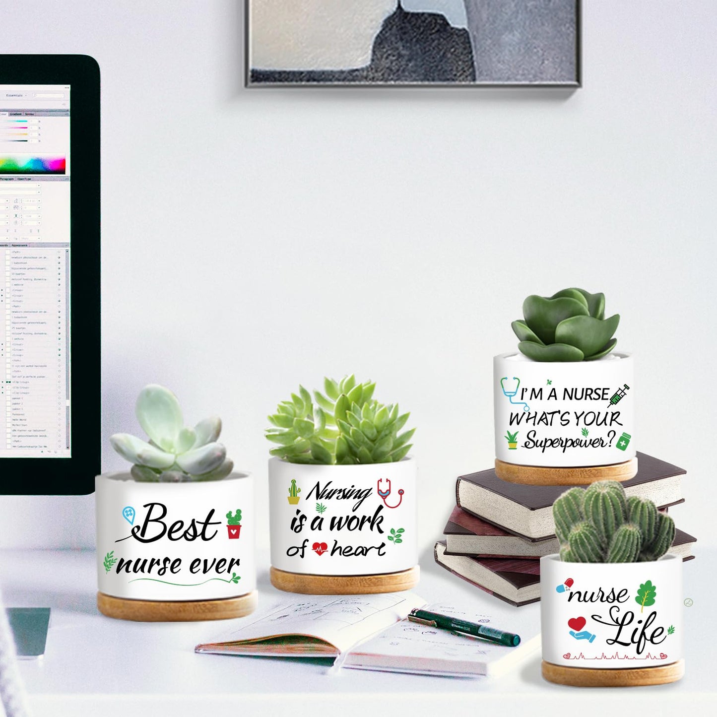 emzrivo 4 Pcs Thank You Gifts Nurse Appreciation Gifts Funny Ceramic Succulent Plant Pot for Nurse Week Graduation Season Gift, Plants Not Included