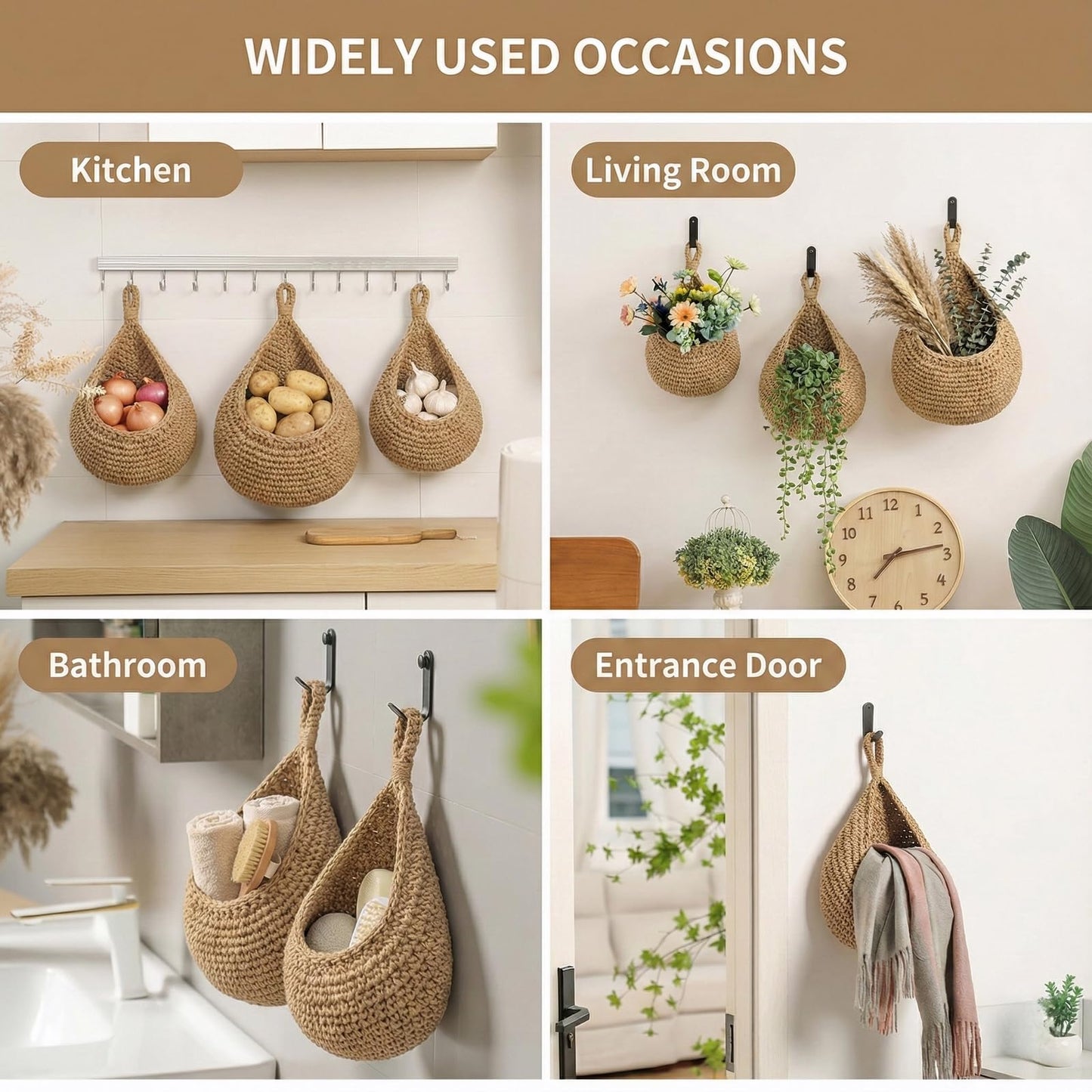 3 Pack Hanging Fruit Basket - Boho Kitchen Wall Decor for Vegetable Onion Potato Storage, Woven Teardrop Organizer - Cotton Rope