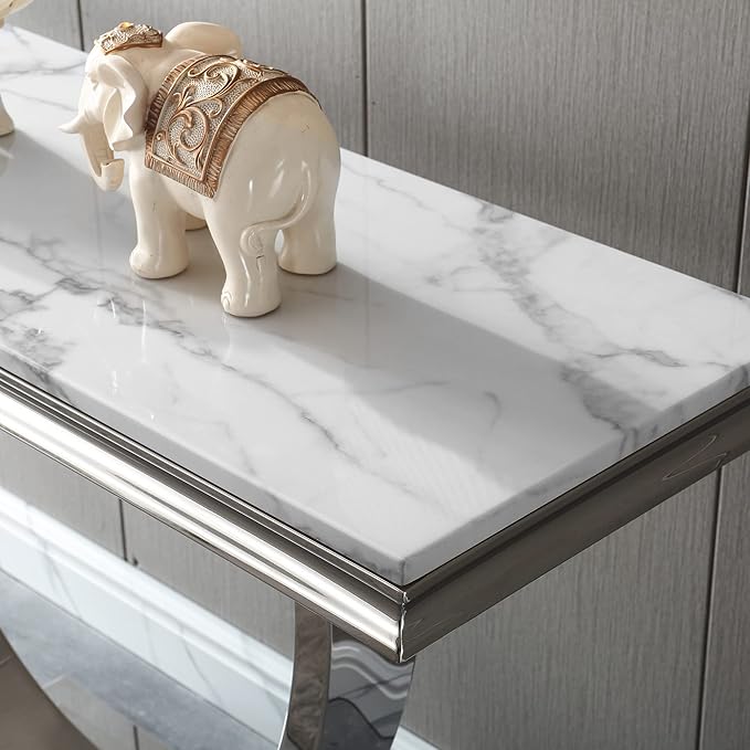 Henf 47" Marble Console Table Modern White Faux Marble Entryway Table