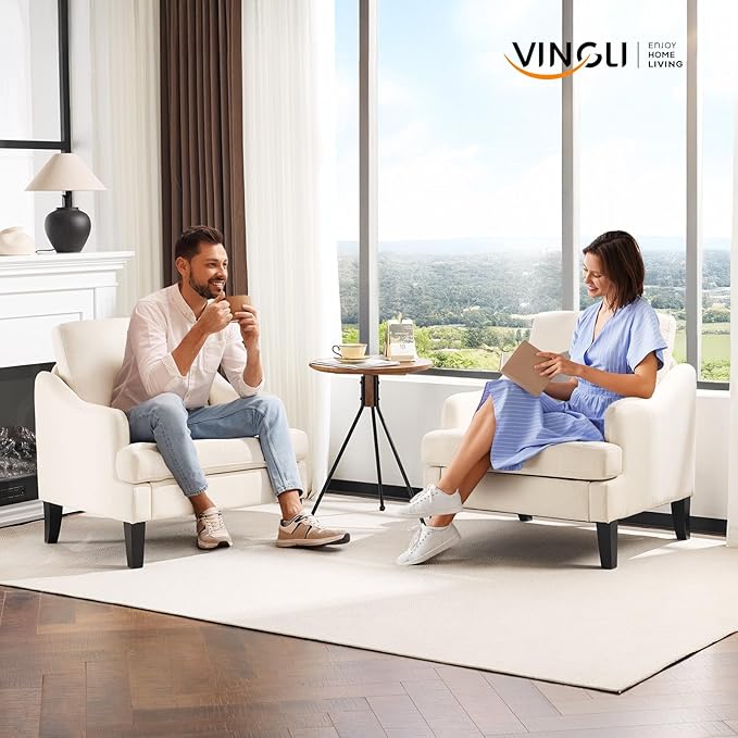 VINGLI Linen Fabric Accent Chairs Set of 2, Comfy Sofa Chair Living Room