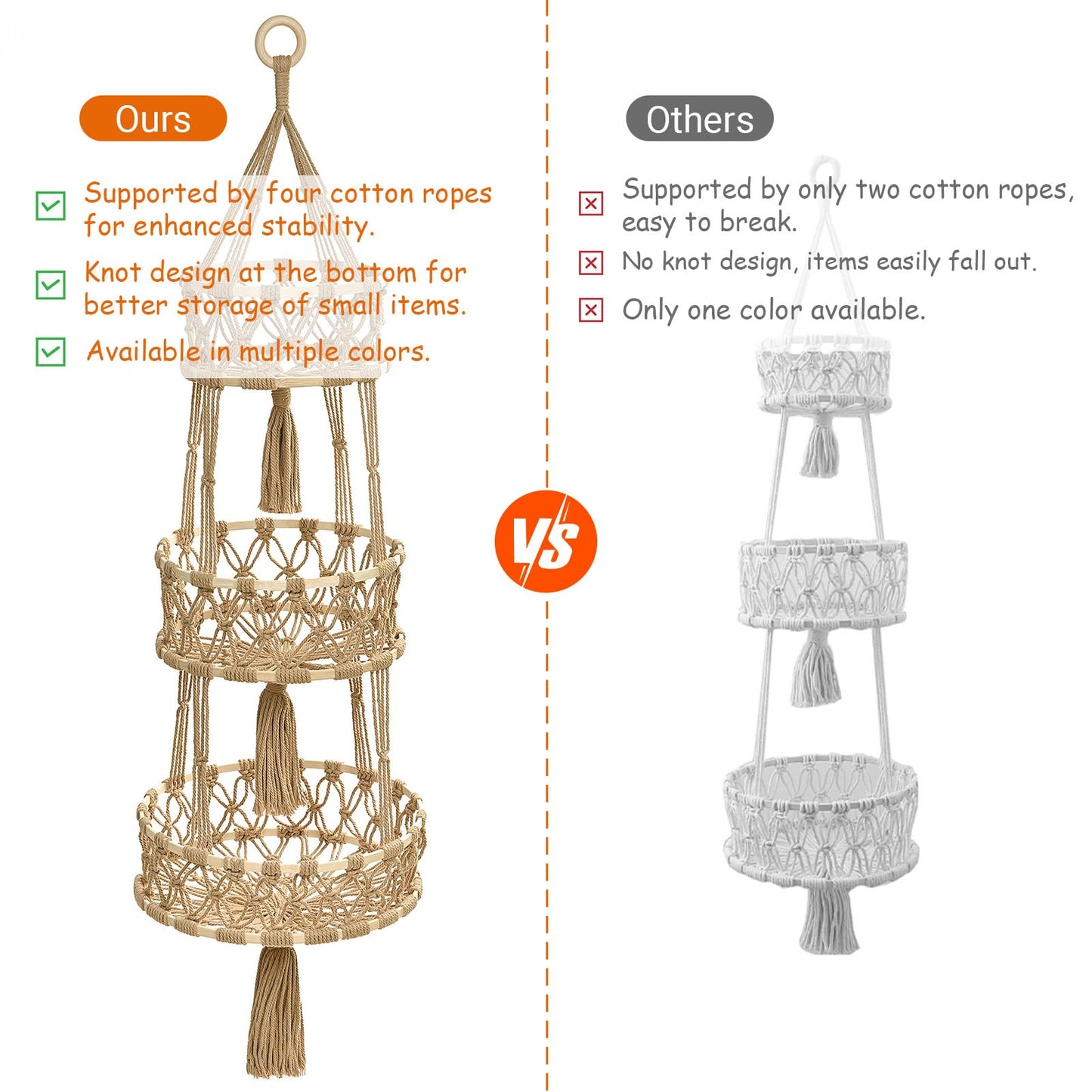Halidali 3 Tier Hanging Fruit Baskets for Kitchen, Macrame Plant Hanger Cotton Rope Handwoven Hammock Produce Storage Organizer Basket for Plants Holder, Vegetable, Onion, Potato (Linen)