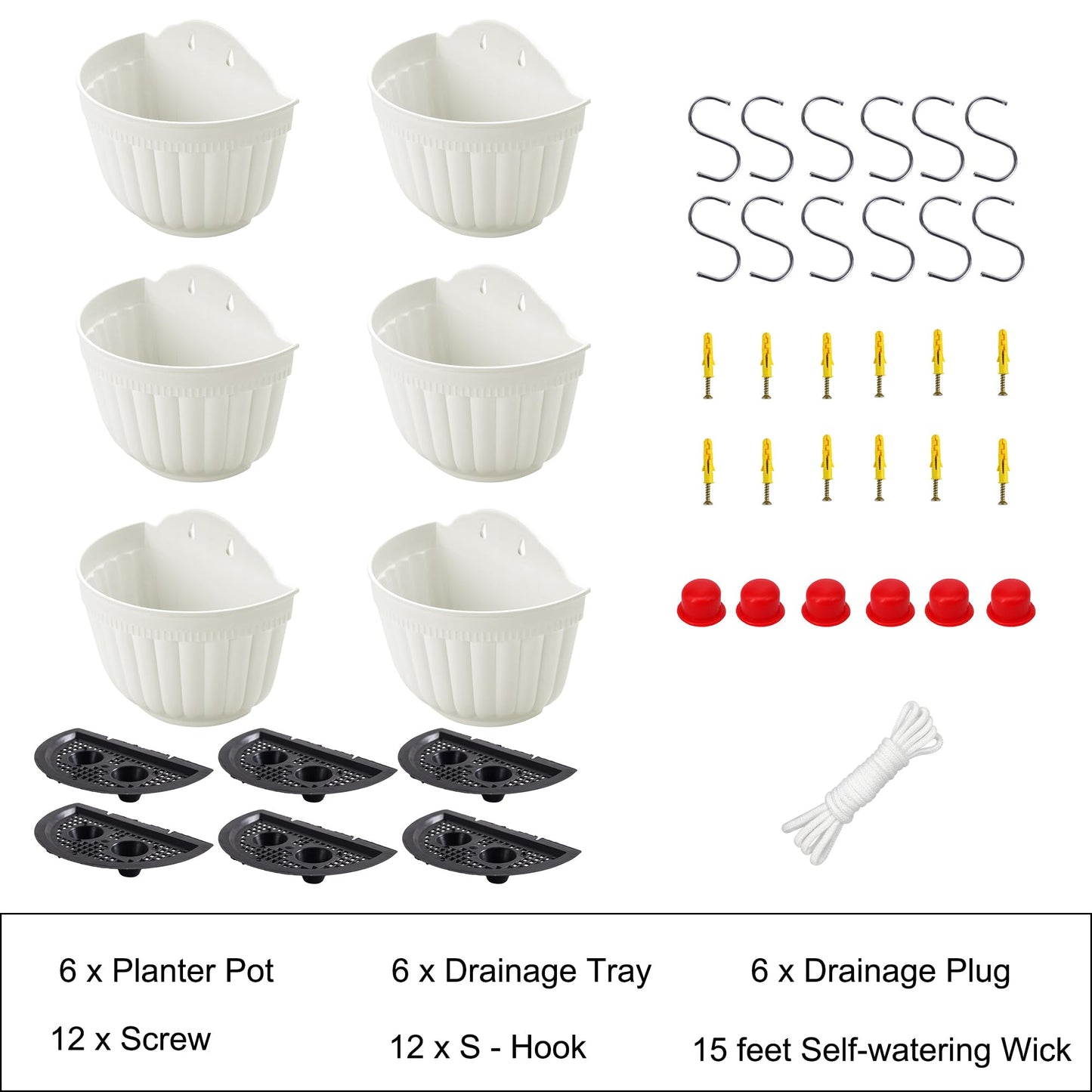 ORIMERC 6 Pcs Plastic Large Wall Plant Pots Vertical Garden Living Wall Mounted Window Hanging Basket Fence Planters Indoor Outdoor for Plants Flowers Kitchen Herbs Holder with Drainage Decor White