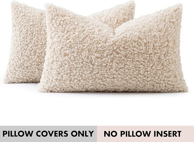 Faux Fur Throw Pillow Covers 20x12 Inch Set of 2 Boucle Neutral Decorative