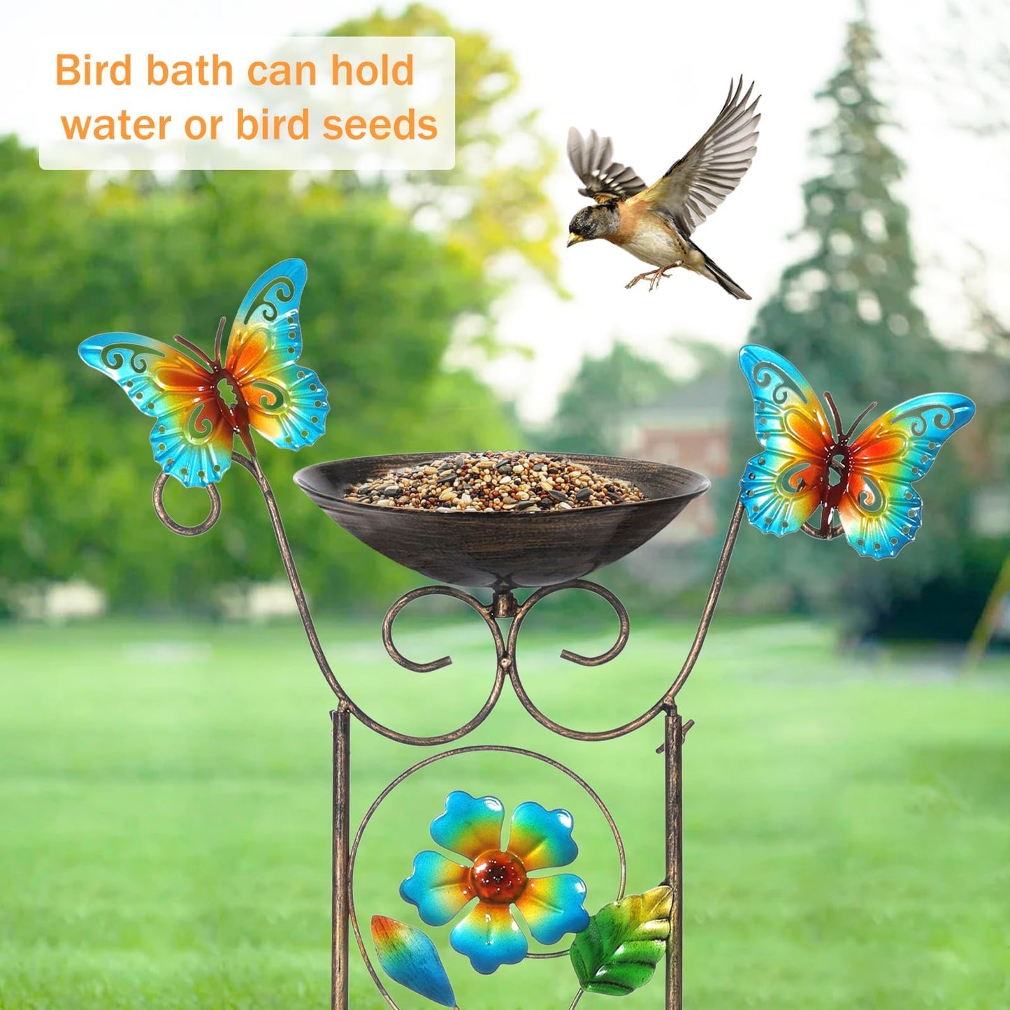 Garden Trellis Bird Bath Outdoor, 43.5 Inch Antique Iron Garden Plant Trellis Decorative with Floral-Butterflies and Detachable Drinking Basin Bowl, Free Standing BirdBath Birdfeeder Station
