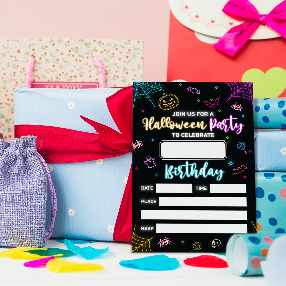 20 Kid Neon Glow Halloween Birthday Party Invitations with Envelopes