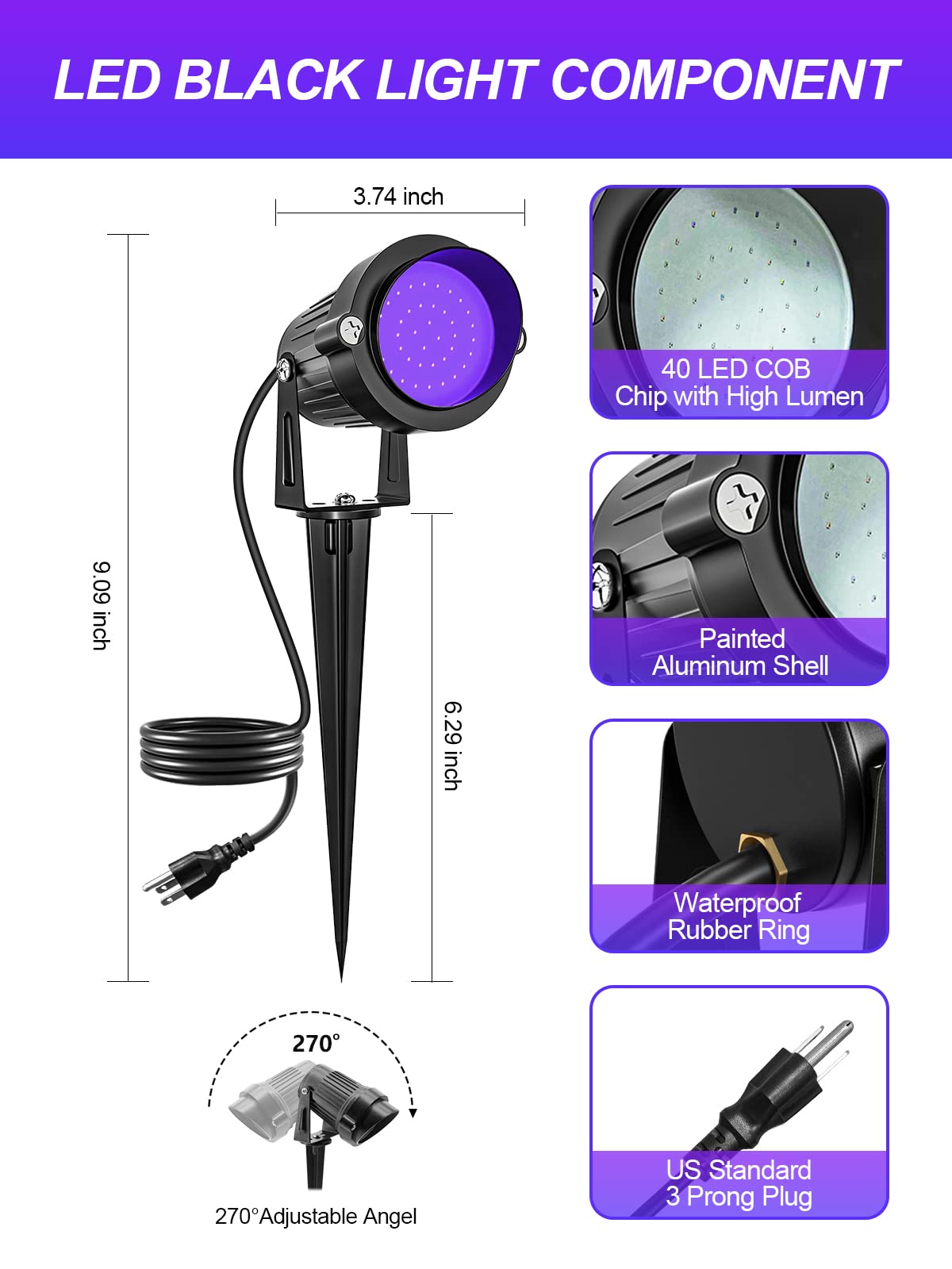 DOREIO Halloween 120V Blacklight Spotlight 15W Outdoor LED Landscape Lighting Dusk to Dawn Photocell Light Sensor with US Plug for Glow Dance Party, Body Paint, Fluorescent Poster, Neon Glow(1 Pack)