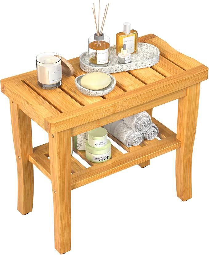 Bamboo Shower Bench Stool with Storage Shelf Waterproof Shower Chair Spa Bath