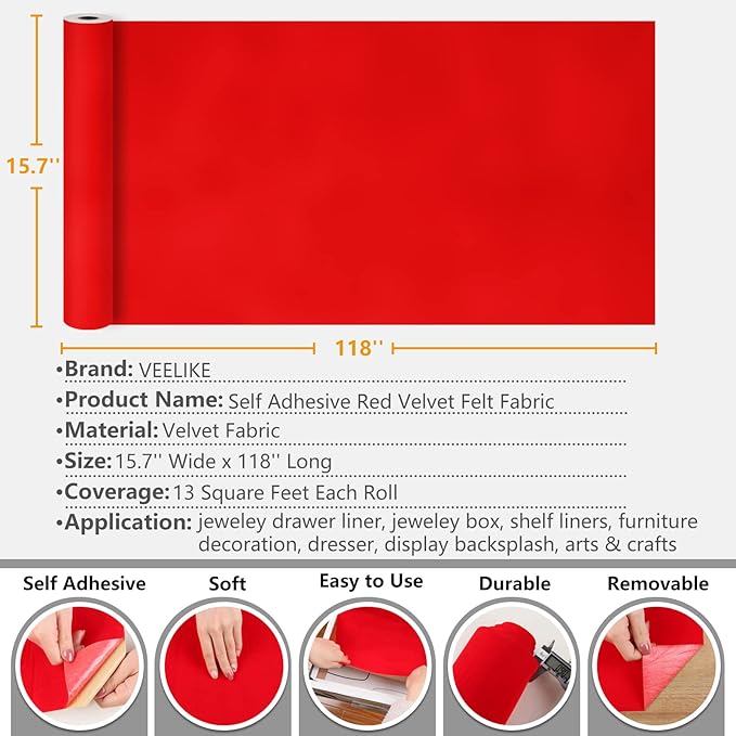 VEELIKE Bright Red Velvet Flocking Liner Self Adhesive Felt Drawer Liners