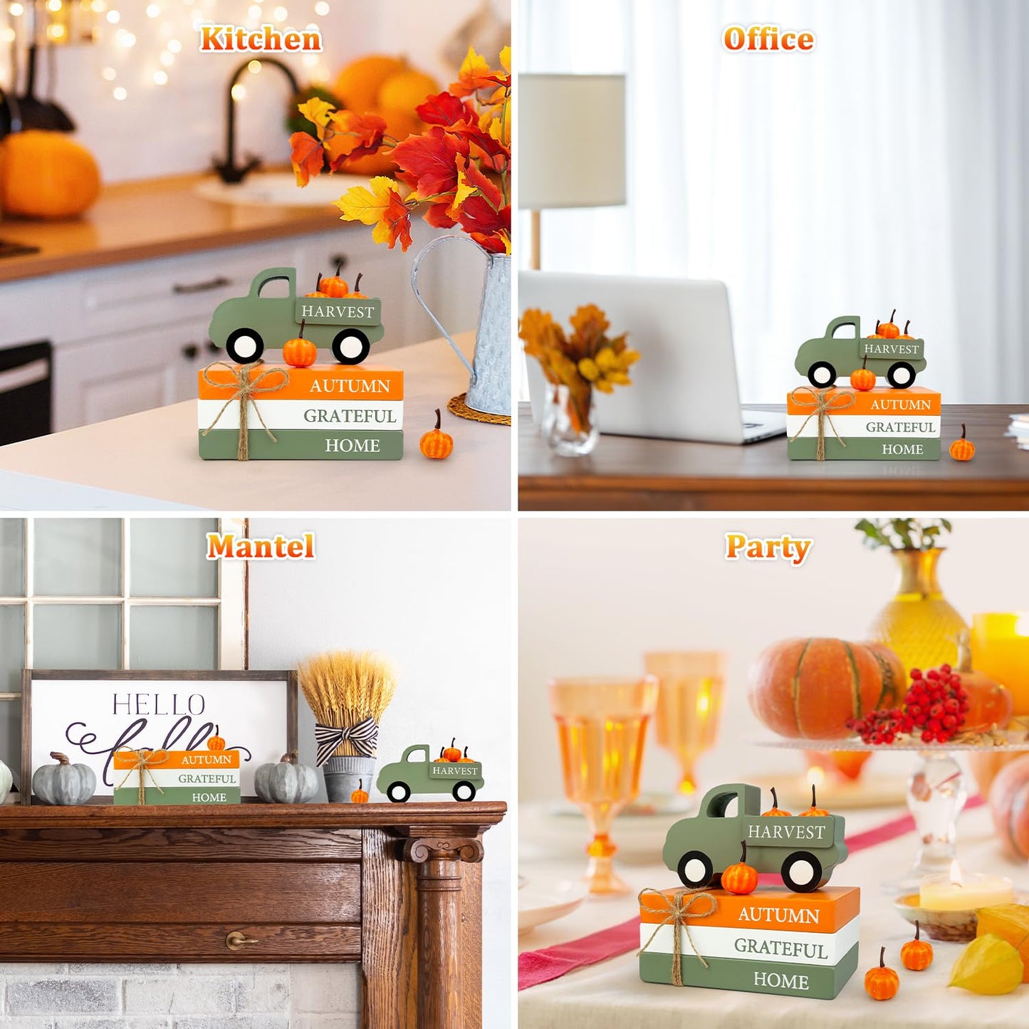 Thanksgiving Decorations for Home Indoor, Wooden Farmhouse Harvest Decor Signs with Book Stack, 3D Truck, 5 Pumpkins for Office Table Tiered Tray, Thanksgiving Centerpiece Gifts for Bedroom Desk