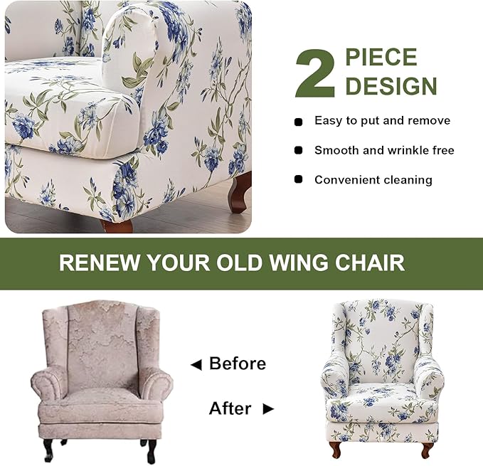 HAOYONG Wing Chair Slipcovers Elastic Printed Wingback Chair Covers 2 Pieces