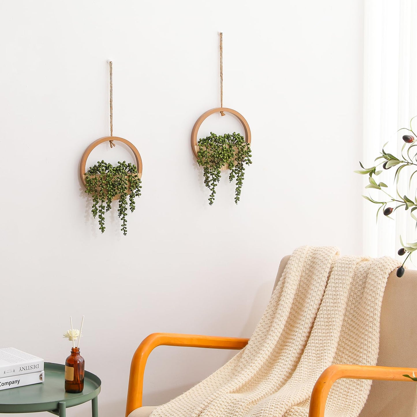 JUSTOYOU 2pcs Fake Hanging Plants Artificial Succulents Wooden Hanging Planter Artificial String of Pearls with Pot and Lanyard for Living Room Bathroom Indoor Outdoor Boho Wall Decor