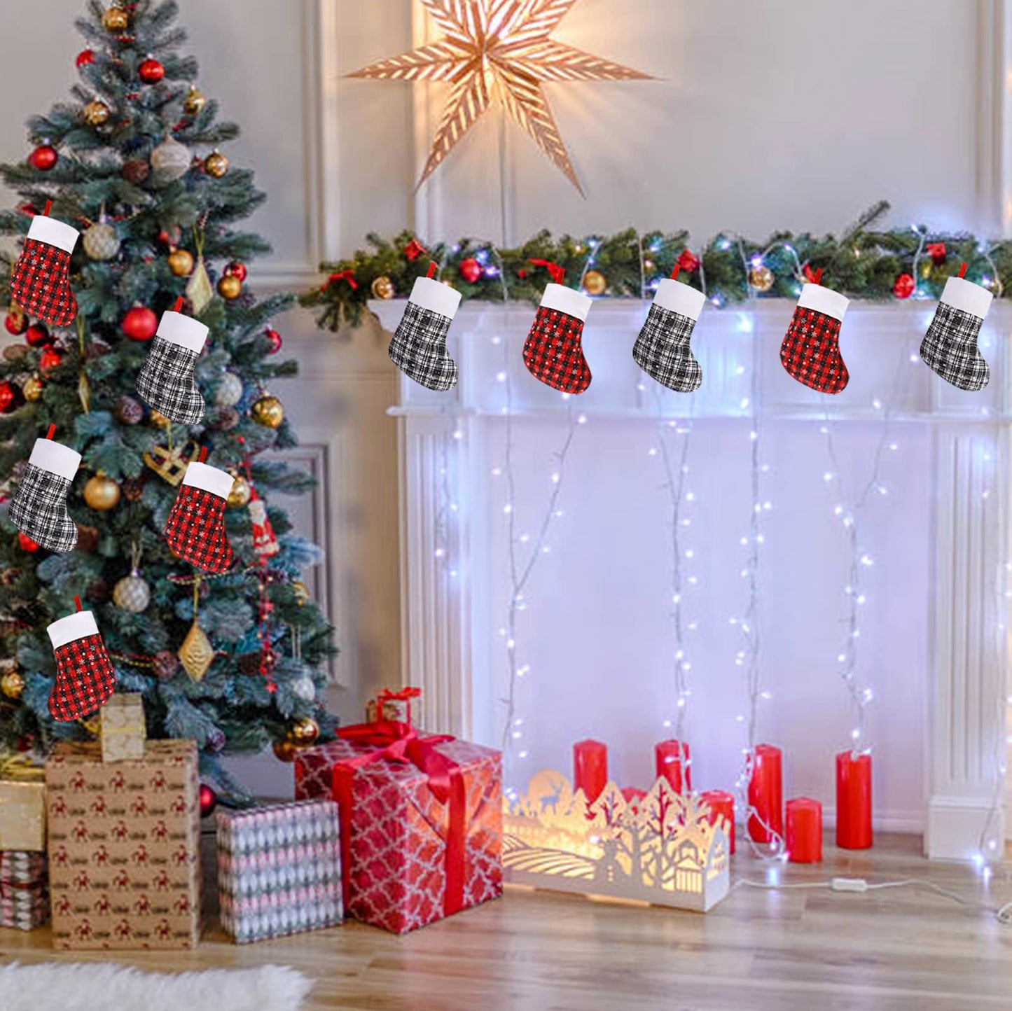 DIYASY Mini Christmas Stockings, 24 Pack Small Buffalo Plaid Stocking Snowflake Red Black Stockings Bulk for Christmas Tree Ornament Decorations Gift Holder(8Inches)