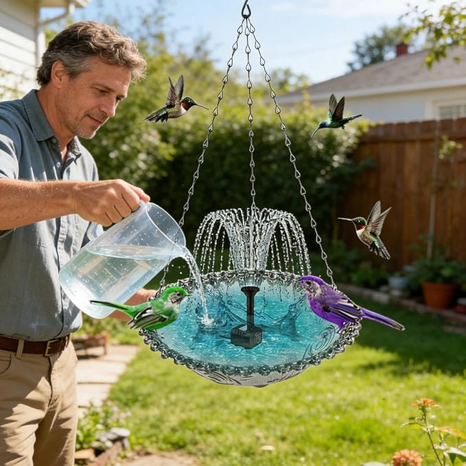 Hanging Solar Bird Bath Fountain with Solars Pump & Bowl & Chains Large Humming Solar Water Fountains with Flowing Water for Outdoor Garden Backyard Patio Lawn(Blue)
