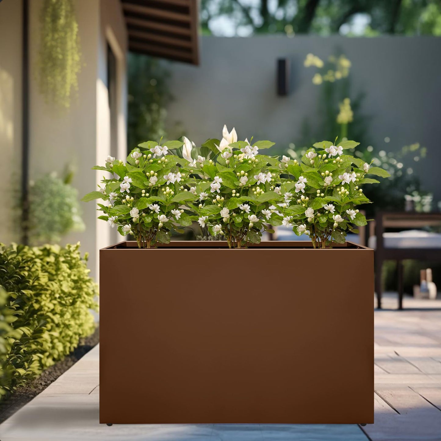 Zezgeuro Galvanized Steel Planter Box-No Installation Required Metal Rectangular Block Long Box Planter Modern Outdoor Planters All-Weather Use with Drainage Holes for Patio/Porch, 36×24×12IN(Brown)