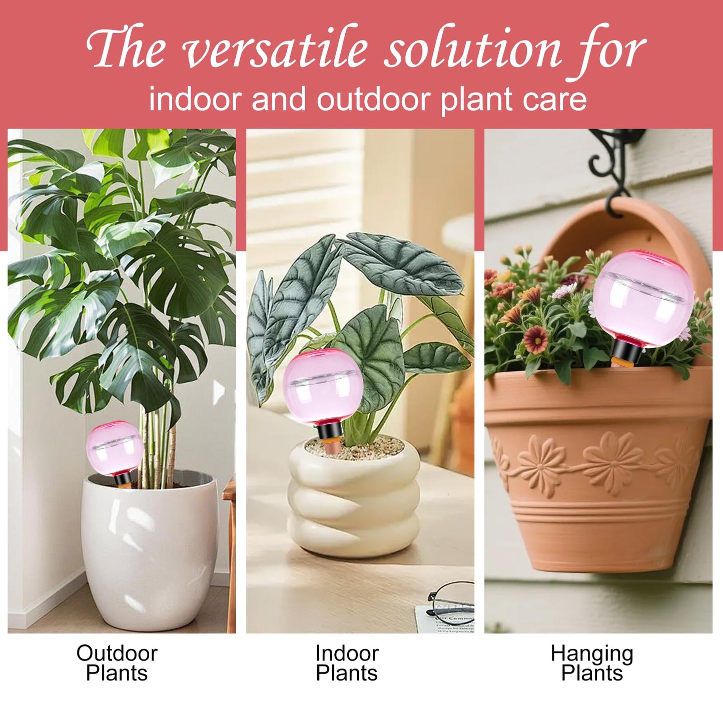 Ansberta 2 Pack Self Watering Globes 17oz Large Plant Watering Globes Top Fill, Self Water Planter Insert Indoor/Outdoor Plastic Water Bulbs Slow Release Terracotta for Plants, Pink