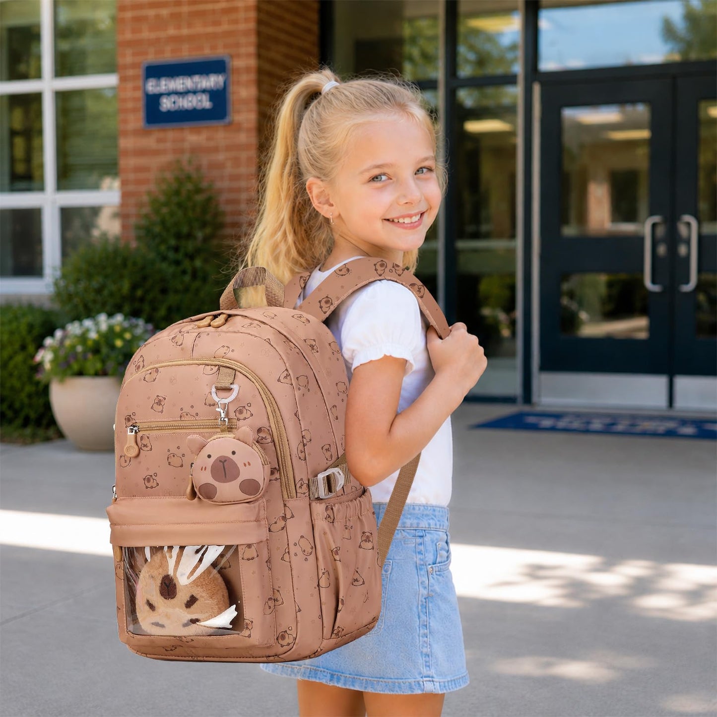 Similove Capybara Theme Backpack for School Girls, 35PCS Kids Backpack Set with School Supplies Stationery Kit Lunch Box Pencil Case, Cute Girls Bookbag for Kindergarten Elementary Student