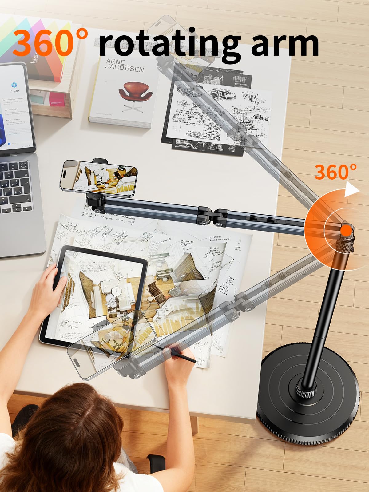 NIFBANG Floor Phone Stand for Video Recording,Overhead Cell Phone Stand for Bed,360° Adjustable Desk iPhone Tripod Floor Holder with Long Extension Arm,Compatible with iPhone 17 16 Samsung and Android