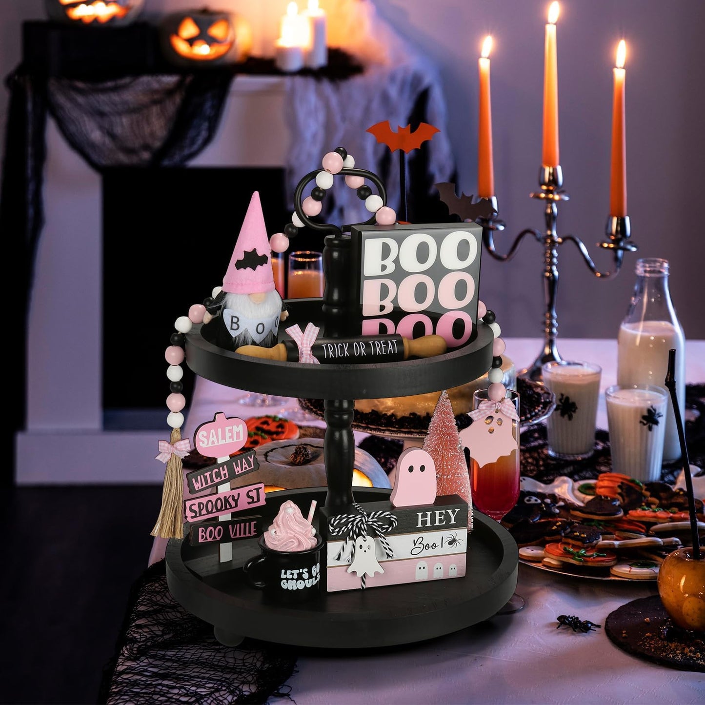 Pink Halloween Decorations 8PCS Tiered Tray Decor, Cute Girlie Tabletop Halloween Decor for Home Office Tray Shelf Mantel Office Table Centerpieces Farmhouse Rustic Spooky Wood Signs