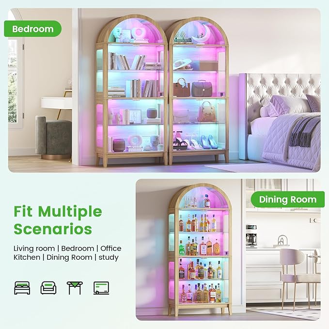 HNEBC Arched Display Case with RGB Lights, LED Curio Cabinet with Shelf
