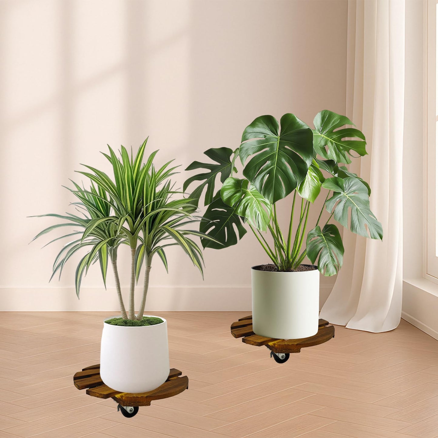 Jenloou 2 Pack Plant Caddy with Wheels, 12 Inch Rolling Plant Stand Heavy Duty with Metal Lockable Casters, Wooden Plant Dolly for Outdoor Indoor, Large Flower Pot, Patio (12inch-2 pack)