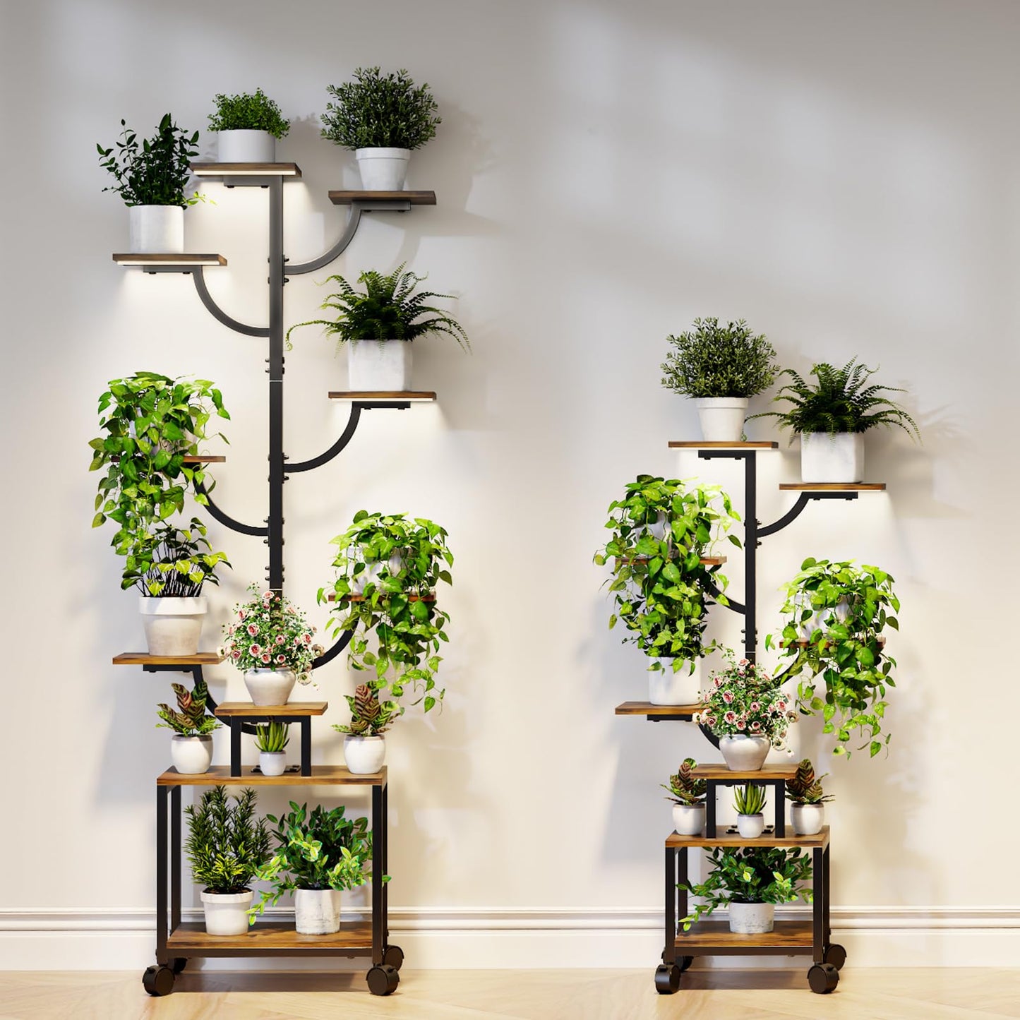 Plant Stand Indoor with Grow Lights - 9-Tier Plant Stand with Wheels, Tall Metal and Wood Indoor Plant Shelf with Tree Design, Rolling Flower Pot Holder Rack with Waterproof Finish, Adjustable Display Stand for Home Garden, Patio, 62" Tall