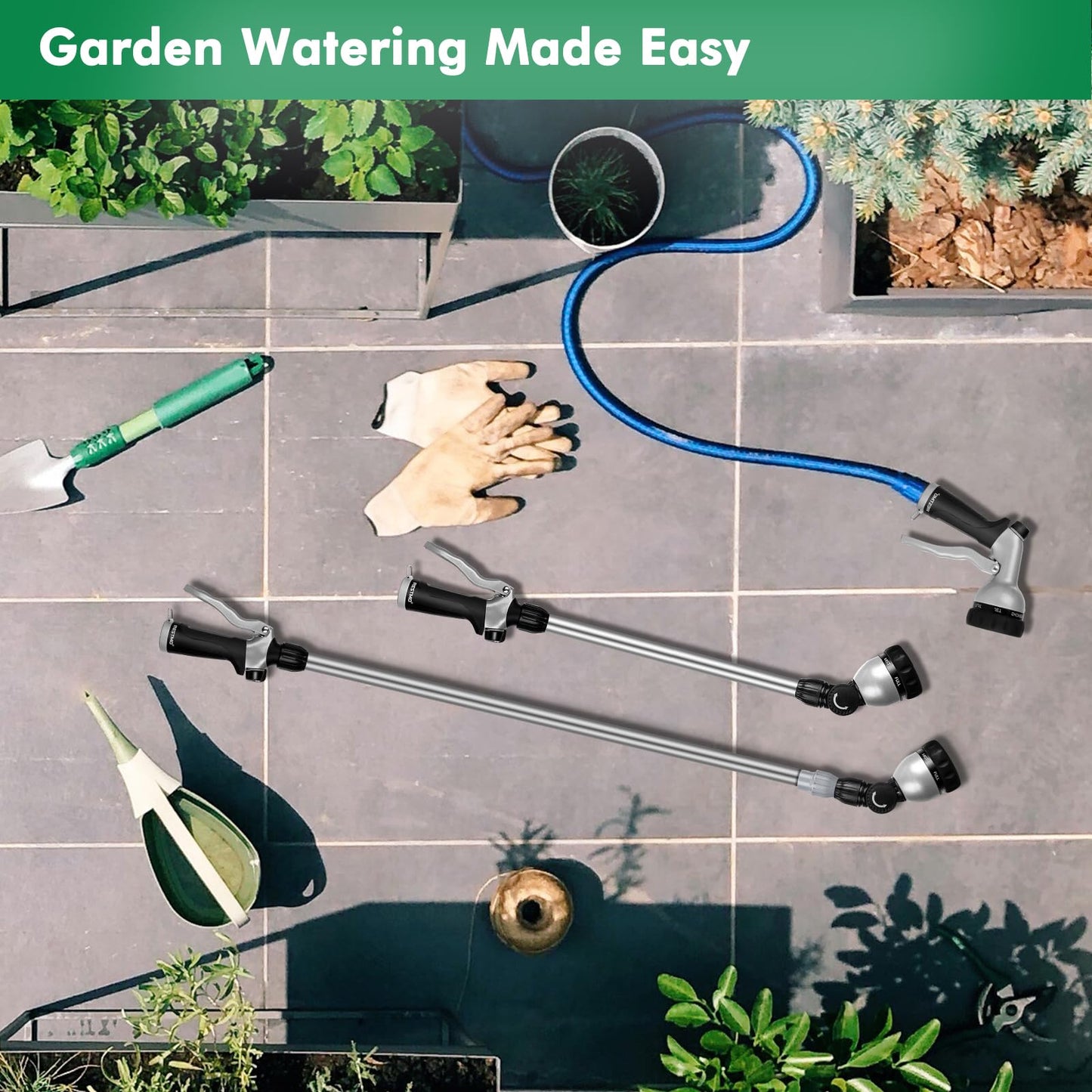 RESTMO 36”-60” Metal Watering Wand, Long Telescopic Tube | 180° Adjustable Ratcheting Head | 7 Spray Patterns | Flow Control, Perfect Garden Hose Sprayer to Water Hanging Baskets, Shrubs, Black