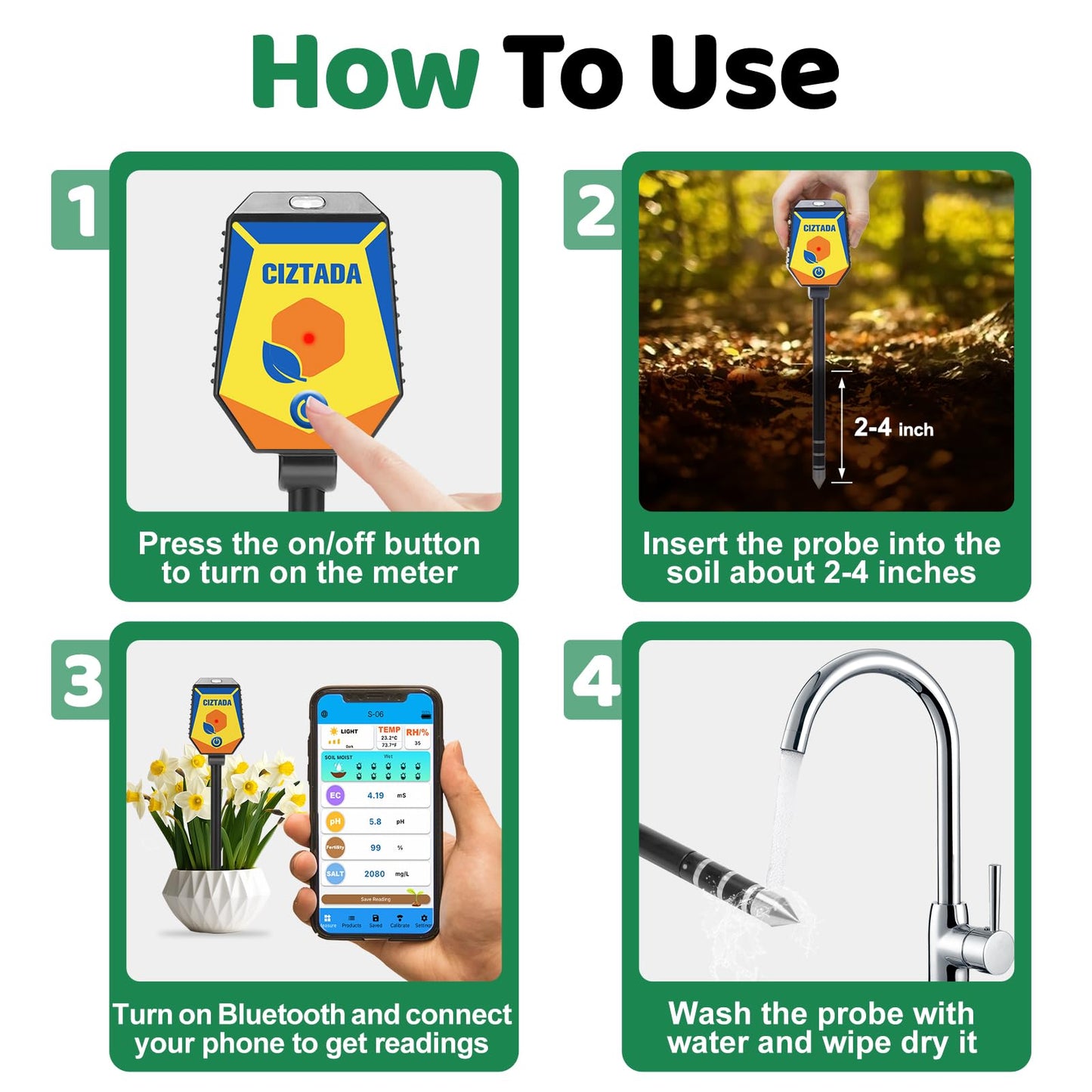 CIZTADA Smart Soil Moisture Meter pH Salinity Tester 8 in 1 Moisture pH Light Environment Humidity Fertility EC Salt Temp Soil Meter for Indoor/Outdoor Plants with App Monitor for Garden, Lawn, Farm