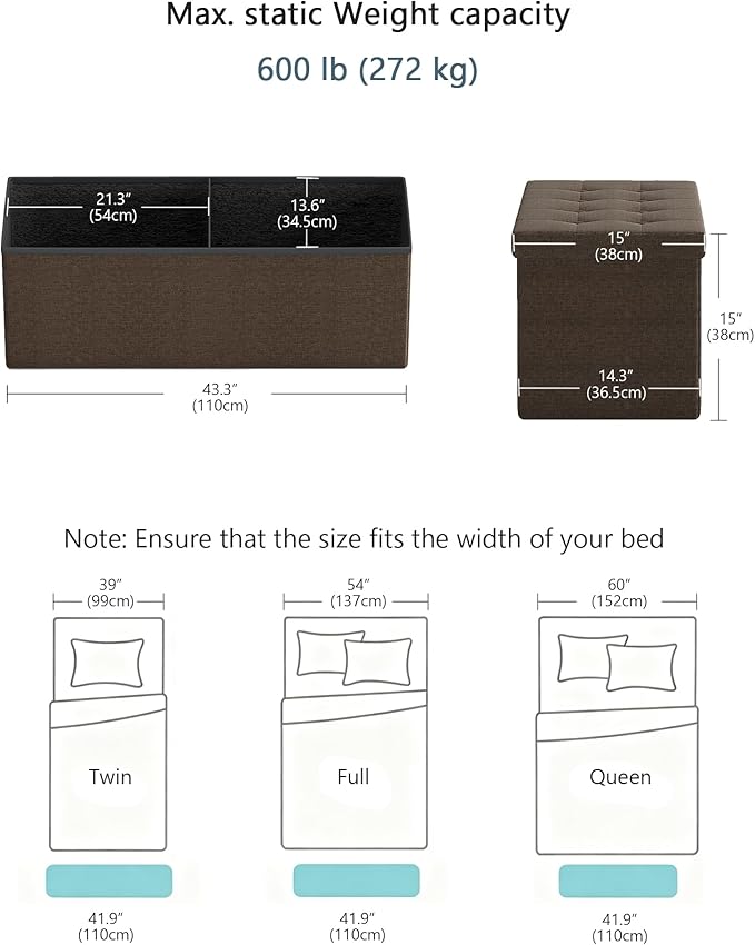GLAXYFUR 43 Inches Folding Storage Ottoman Bench, Storage Chest, Footrest