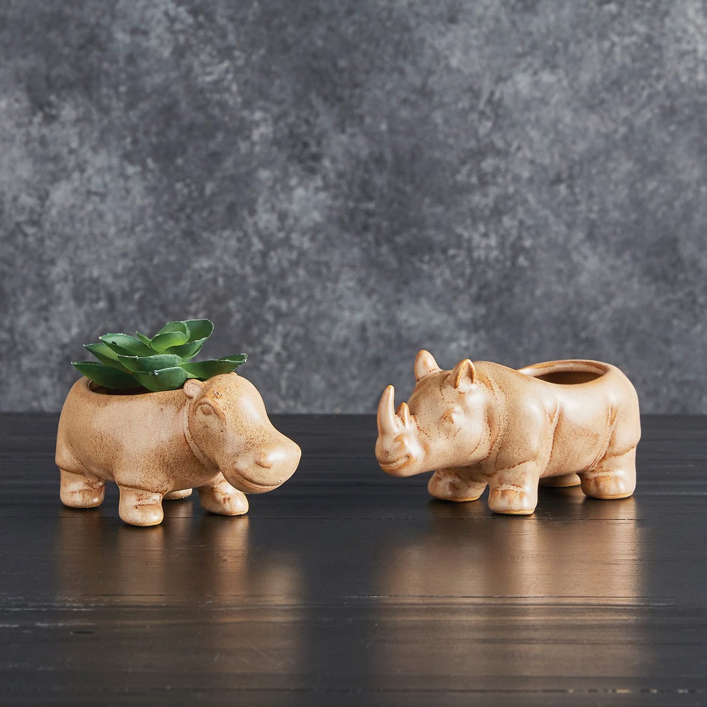 47th & Main Wild Safari Shaped Ceramic Planter Flower Pot for Succulents Small Plants and More, 4.2" Wide, Rhino