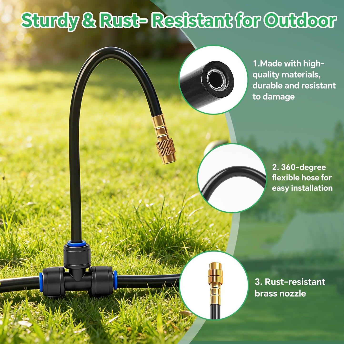 160Ft 1/4" Drip Irrigation System for Garden – 34 Adjustable Copper Nozzles, Automatic Atomizing Sprinkler System for Outdoor Plants Raised Bed, Yard, Potted Plants & Lawn