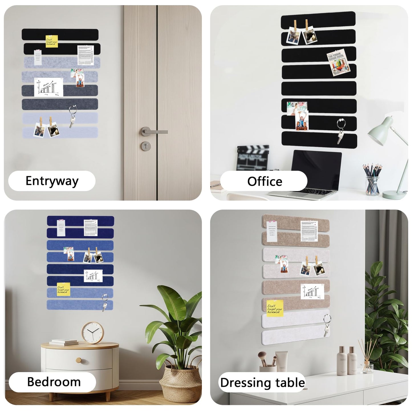 Vuzvuv 8 pcs Bulletin Board Bar Strips No Adhesive Backing with Glue Points ,Self Adhesive Cork Board for Wall,Felt Pin Board for School,Office Decor(Black White Grey)