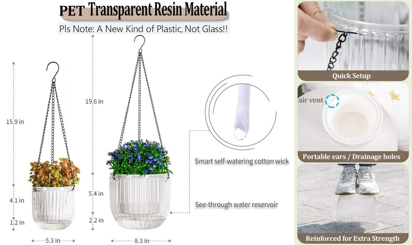 Melphoe 2 Pack Self Watering Hanging Planters Indoor Flower Pots, 5.3/8.3 Inch Outdoor Hanging Basket, Plant Hanger with 3Hooks Drainage Holes for Garden Home (White)