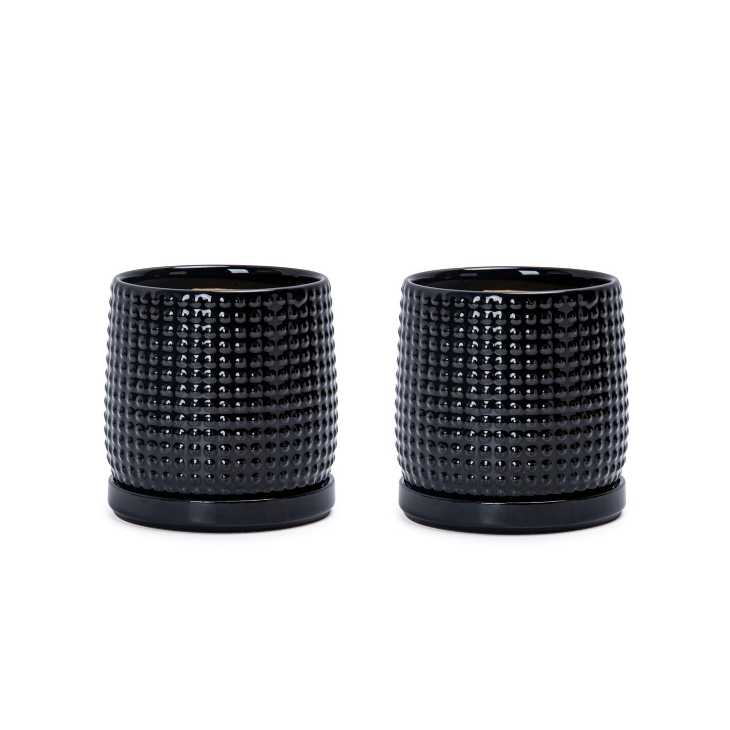 D'vine Dev Set of 2 Ceramic Plants Pots, 4 Inch Beaded Stoneware Flower Pot for Plants with Drainage Hole and Saucer, Glossy Black, 27-E-Z-2