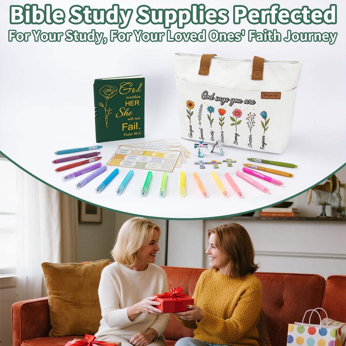 25 PCS Bible Study Supplies Kit, Large Capacity Canvas Tote Bag for Women Organizer, Bible Highlighters and Quick Dry Pens No Bleed Through, Notebook Bible Tabs Cross Bookmark Journaling Accessories