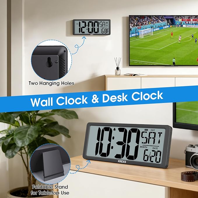 XREXS Large Digital Wall Clock, Battery Operated Alarm Clocks for Bedroom Home Decor, Count Up & Down Timer, 14.17 Inch Large LCD Screen with Time/Calendar/Temperature Display (Batteries Included)