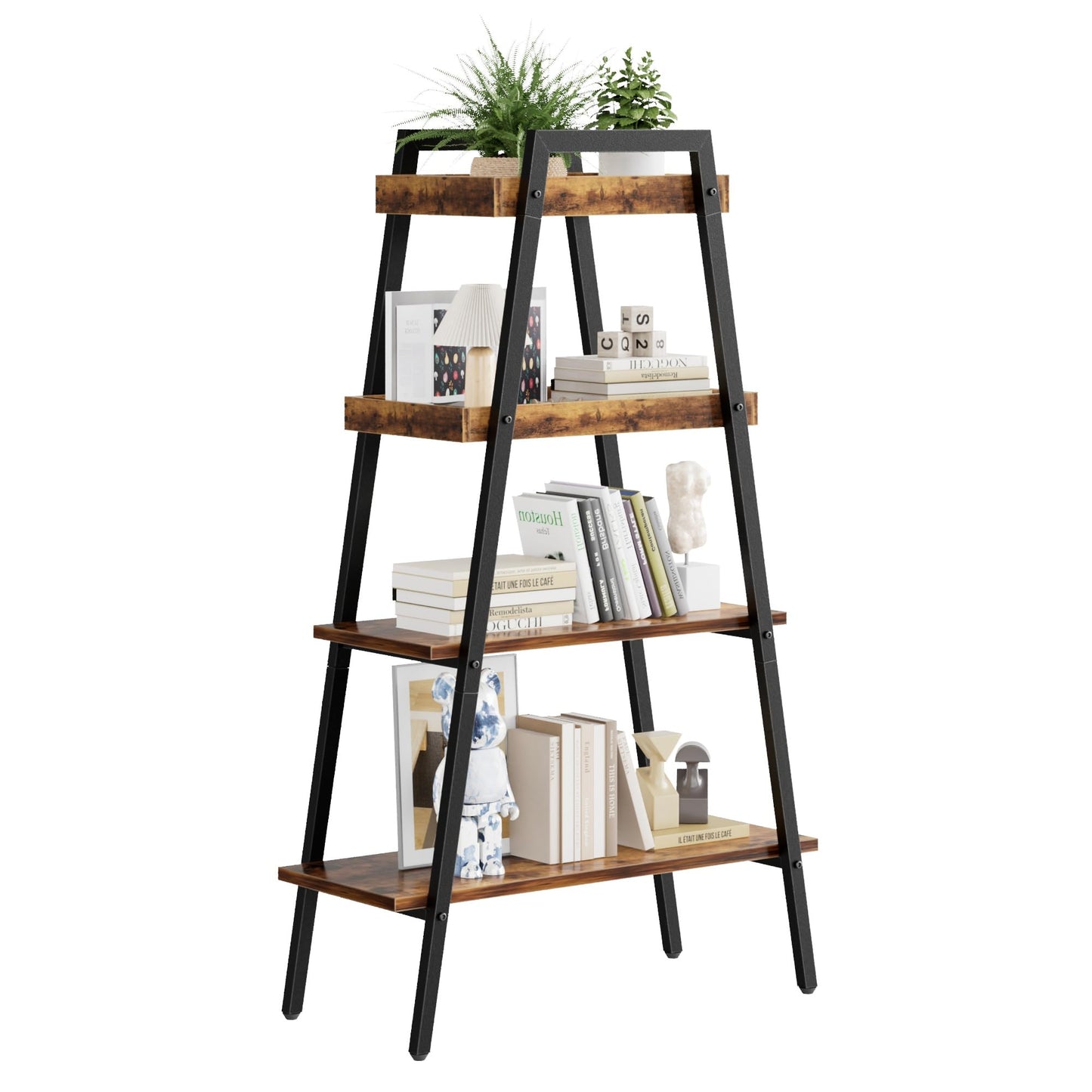 VECELO Book Shelf, 4 Tier Wooden Ladder Bookcase with Metal Frame, Enclosed Edges Combined with Open Display, Decorative and Plant Stand for Living Room/Farmhouse/Bedroom/Home Office-Brown
